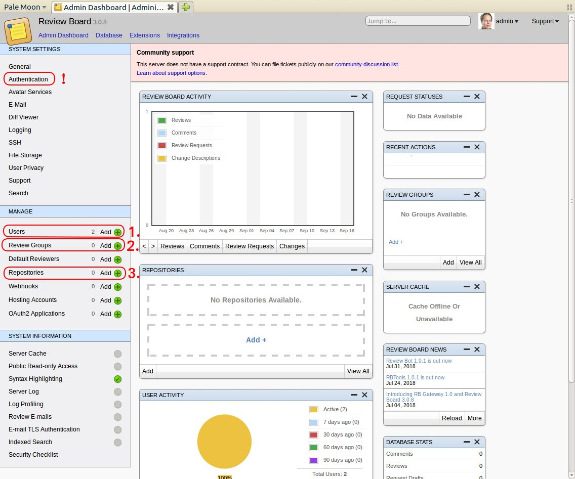 Review Board Admin Dashboard - The configuration changes we need to make.